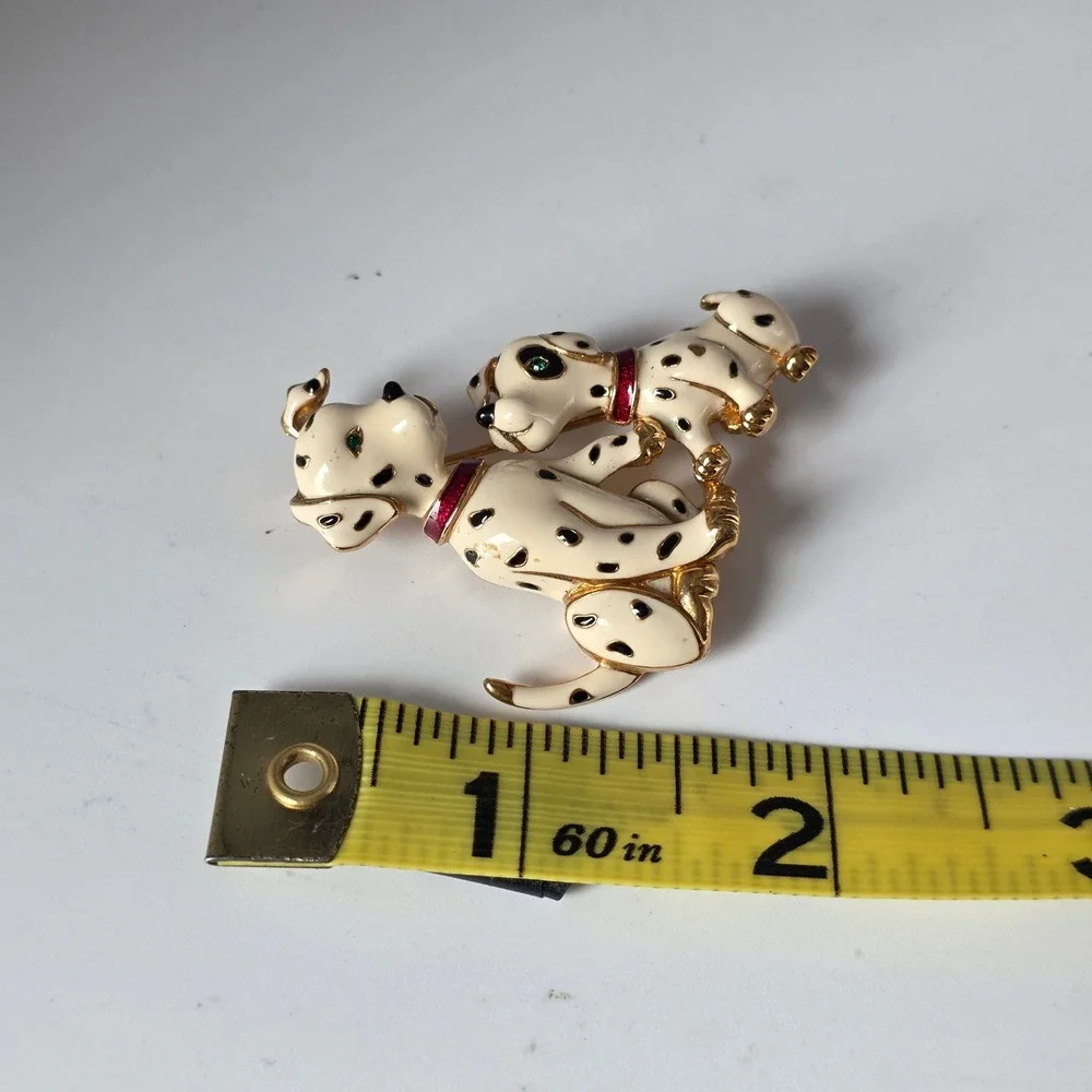 Vintage Dalmatian Dog and Puppy Enamel Brooch Gold Tone Animal Pin White Black